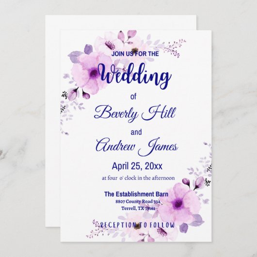 ラベンダーと海軍のカスタマイズ可能な結婚式の招待 招待状 (正面/裏面)