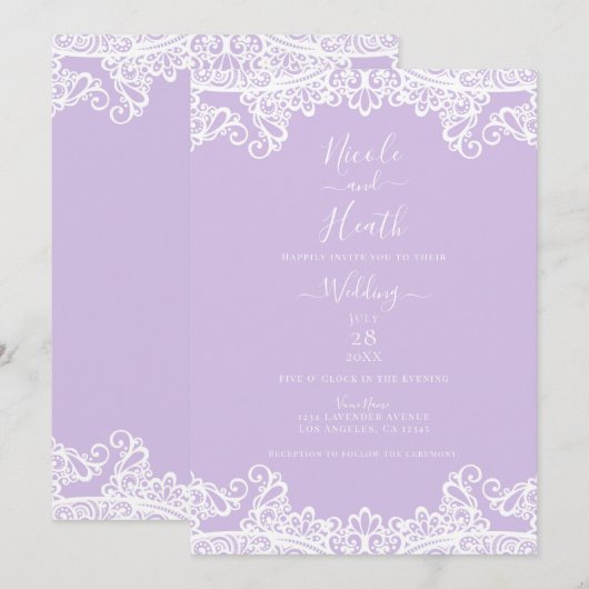 ラベンダーと白いレースのエレガントな結婚式 招待状 (正面/裏面)