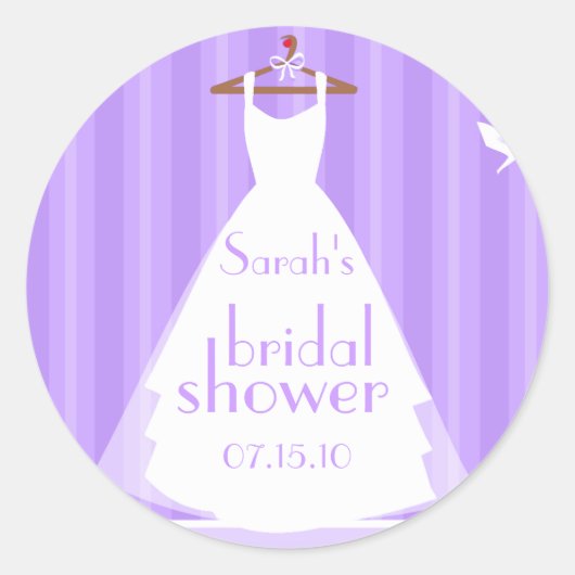 ラベンダーと白のウェディングドレスのブライダルシャワー ラウンドシール (正面)