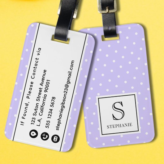 ラベンダーと白の水玉模様のモノグラム ラゲッジタグ