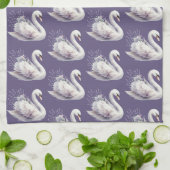 ラベンダーと白鳥の水彩画 キッチンタオル (折り畳み)