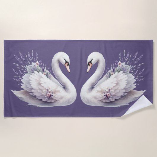 ラベンダーと白鳥の水彩画 ビーチタオル (正面)
