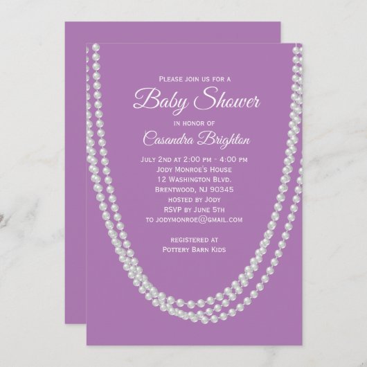 ラベンダーと真珠のベビーシャワー招待状 招待状 (正面/裏面)