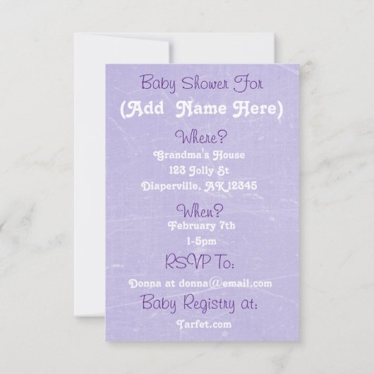 ラベンダーと紫のベビーの足跡ベビーシャワー 招待状 (裏面)