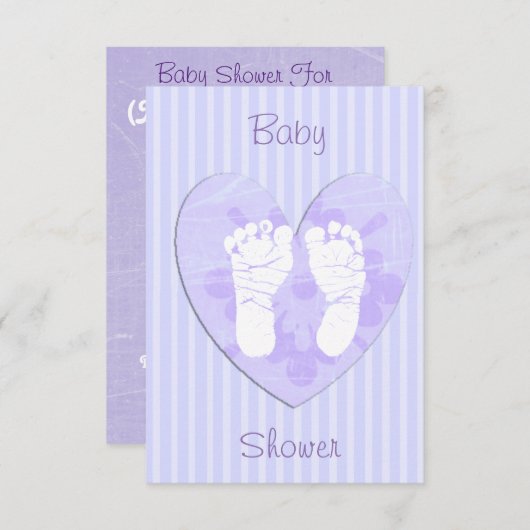 ラベンダーと紫のベビーの足跡ベビーシャワー 招待状 (正面/裏面)
