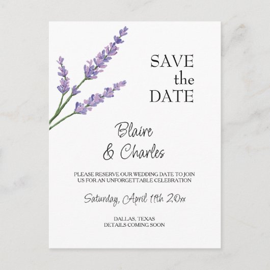 ラベンダーと緑のポストカード日付カードを保存 案内ポストカード (正面)