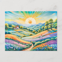 ラベンダーと花畑のある夏の丘の中腹 ポストカード