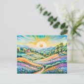 ラベンダーと花畑のある夏の丘の中腹 ポストカード (スタンド正面)