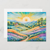ラベンダーと花畑のある夏の丘の中腹 ポストカード (正面/裏面)
