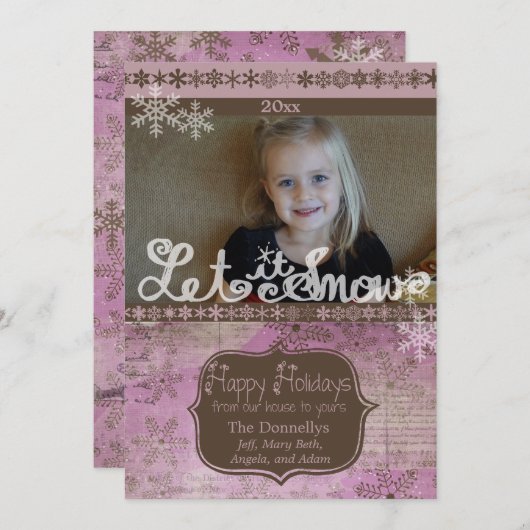 ラベンダーと茶色の雪片フォトホリデーカード シーズンカード (正面/裏面)