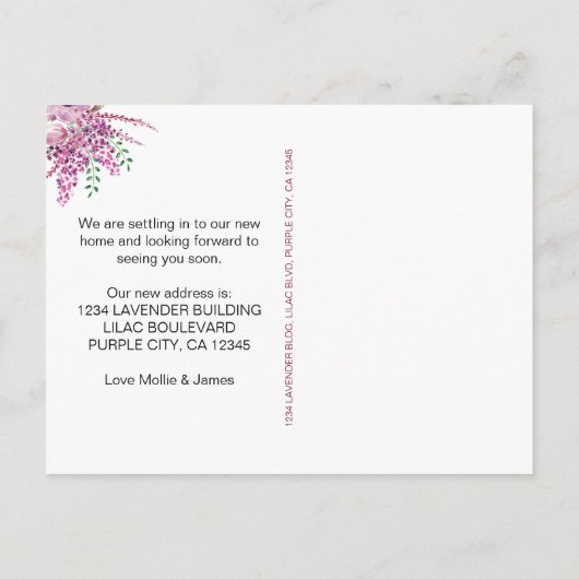 ラベンダーと薄紫の花を移動 案内ポストカード (裏面)
