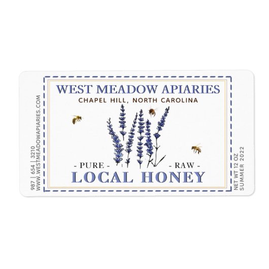 ラベンダーと蜂の蜂蜜ラベル縁ど破線 ラベル (正面)