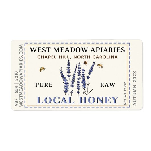 ラベンダーと蜂の蜂蜜ラベル縁ど破線 ラベル (正面)