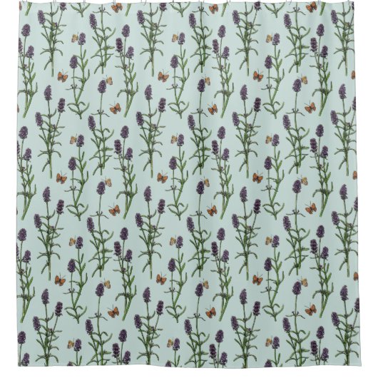 ラベンダーと蝶の海のガラス シャワーカーテン (正面)