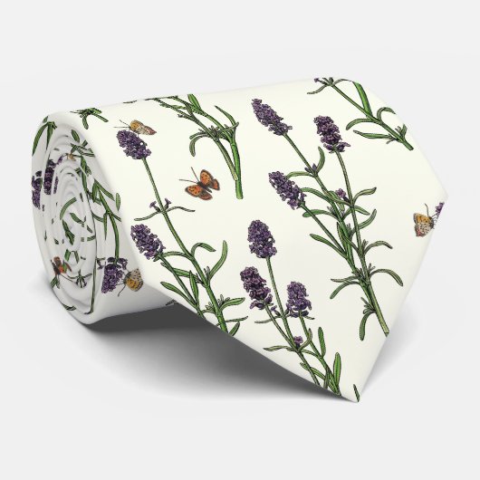 ラベンダーと蝶オフ白 ネクタイ (ロール)
