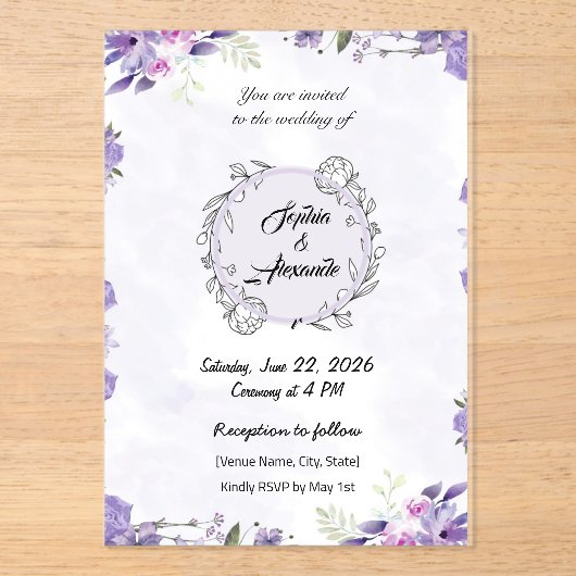 ラベンダーと赤面フローラ結婚式招待状 アクリル招待状 (正面)