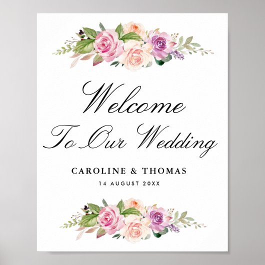 ラベンダーと赤面結婚フローラの歓迎サイン ポスター (正面)
