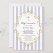ラベンダーと金ゴールドフレームファースト聖餐式 招待状 (正面)