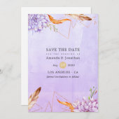 ラベンダーと金ゴールドフローラジオメト結婚リ セーブザデート (正面/裏面)