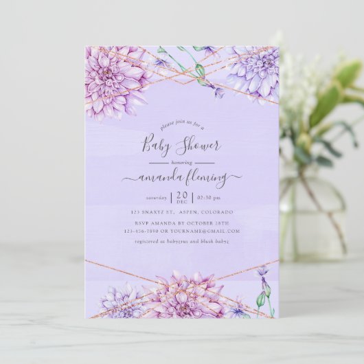 ラベンダーと金ゴールドフローラ幾何学的ベビーシャワー 招待状 (スタンド正面)