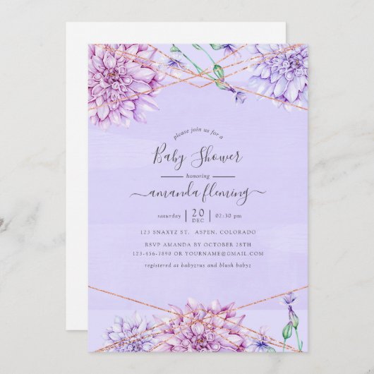 ラベンダーと金ゴールドフローラ幾何学的ベビーシャワー 招待状 (正面/裏面)