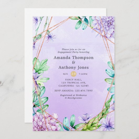 ラベンダーと金ゴールドフローラ幾何学的婚約パーティ 招待状 (正面/裏面)