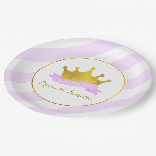 ラベンダーと金ゴールドプリンセス誕生日パーティー ペーパープレート (アングル)
