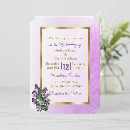 ラベンダーと金ゴールド結婚式招待状 招待状 (スタンド正面)