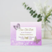 ラベンダーと金ゴールド蝶の日付を保存結婚する 案内ポストカード (スタンド正面)