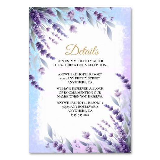 ラベンダーと青のエレガントな花のディテール テーブルナンバー (正面)