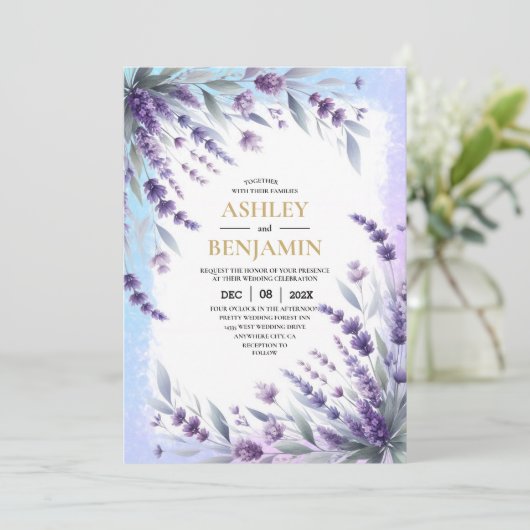 ラベンダーと青のエレガントな花の水彩 招待状 (スタンド正面)