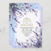 ラベンダーと青のエレガントな花の水彩 招待状 (正面/裏面)