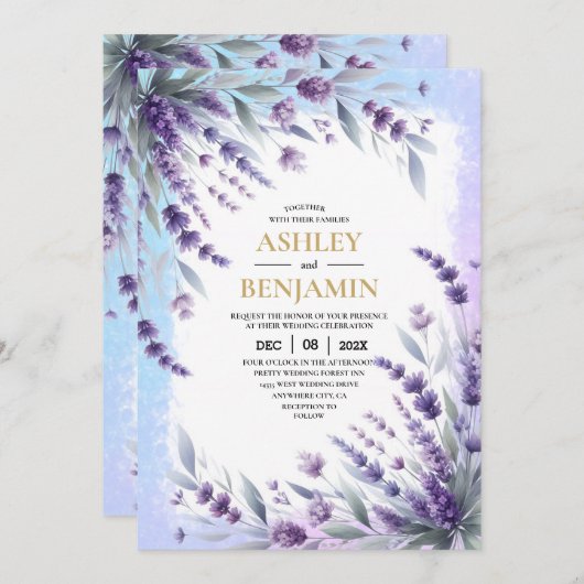 ラベンダーと青のエレガントな花の水彩 招待状 (正面/裏面)