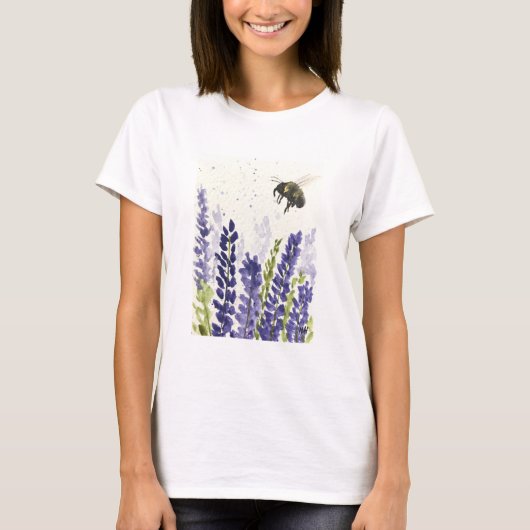 ラベンダーと(昆虫)マルハナバチ紫色の花 Tシャツ (正面)