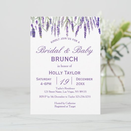 ラベンダーによって結合されるベビーシャワーおよびブライダルシャワー 招待状 (スタンド正面)