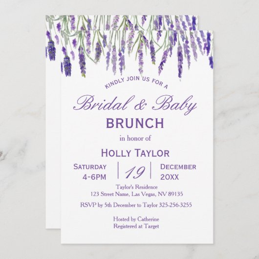 ラベンダーによって結合されるベビーシャワーおよびブライダルシャワー 招待状 (正面/裏面)