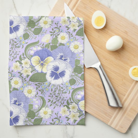 ラベンダーに春の庭の花 キッチンタオル (四つ折り)
