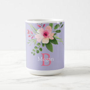 ラベンダーに水彩の花と名前・イニシャルモノグラム コーヒーマグカップ