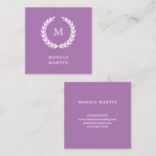 ラベンダーのエレガントで白い月桂樹のリース スクエア名刺 (正面/裏面)