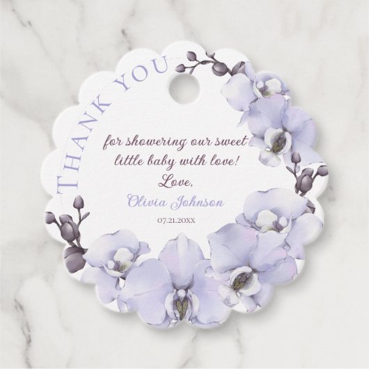 ラベンダーのオーキッド ベビー シャワー フェイバータグ (正面)