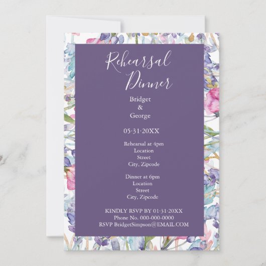 ラベンダーのカラフルの花の緑のリハーサル 招待状 (正面)