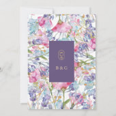 ラベンダーのカラフルの花の緑のリハーサル 招待状 (裏面)