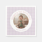 ラベンダーのギンガムチェックの誕生日フォト入りペーパーアイテム スタンダードカクテルナプキン (正面)