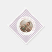 ラベンダーのギンガムチェックの誕生日フォト入りペーパーアイテム スタンダードカクテルナプキン (角)