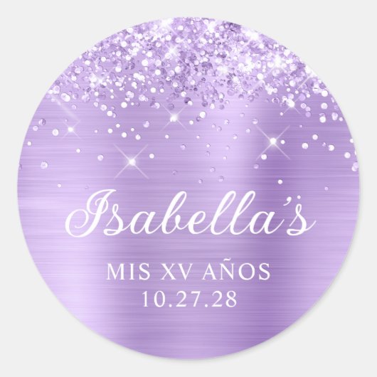 ラベンダーのグリッター箔 Mis XV Años ラウンドシール (正面)