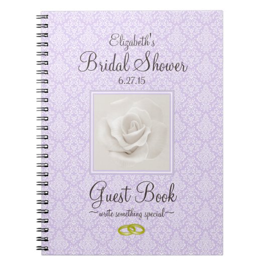 ラベンダーのダマスク織およびばら色のブライダルシャワーの来客名簿 ノートブック (正面)
