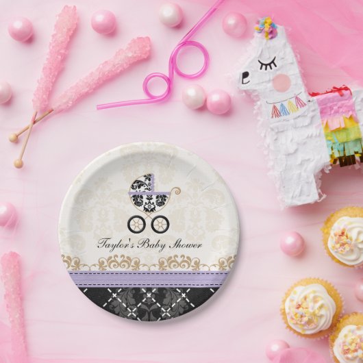 ラベンダーのダマスク織キャリッジベビーシャワー ペーパープレート (パーティー)