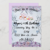 ラベンダーのティーポットの花の誕生日 招待状 (正面/裏面)