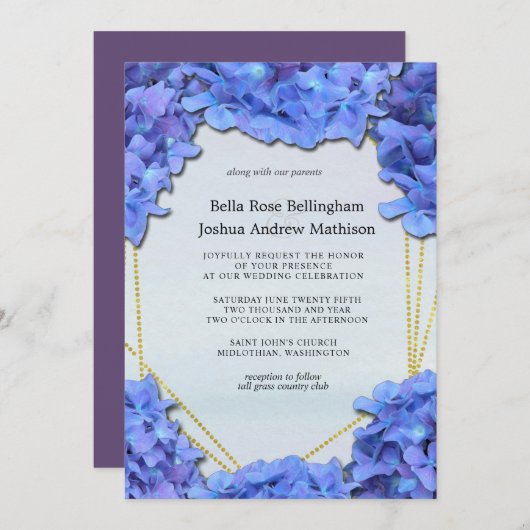 ラベンダーのハイドランジアの花の結婚式 招待状 (正面/裏面)