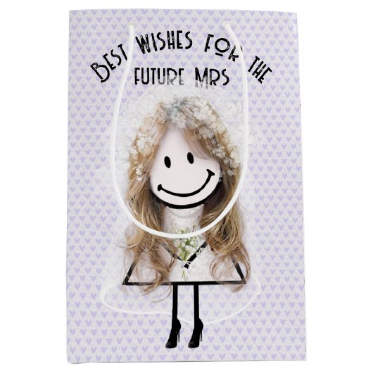 ラベンダーのハートの上に立つ花嫁の棒人間図 ミディアムペーパーバッグ (正面)